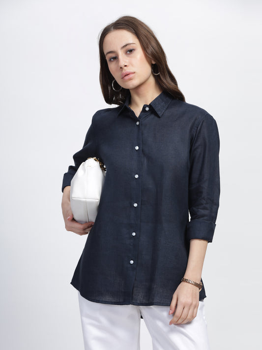 Women's Navy Blue Linen Shirt